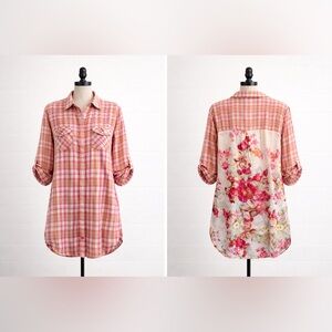 Aratta Silent Journey Plaid Floral Back Button-Up Tunic – Size M